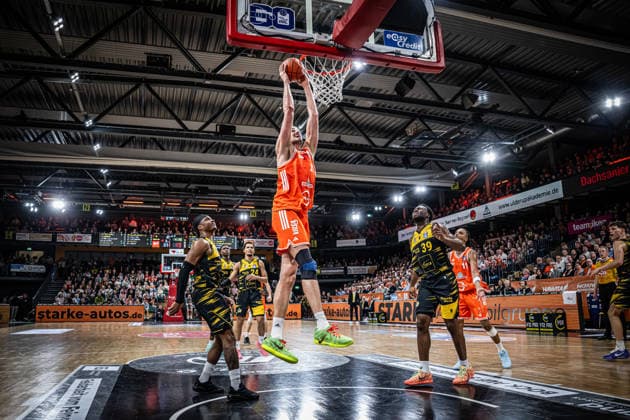 1 Basketball Bundesliga, easyCredit BBL, Season 2025 2026, Men, Main Round, 24 Matchday, 14 03 2026, RASTA Vechta MHP Riesen Ludwigsburg Tibor Pleiß 22 RASTA Vechta at the Dunk Vechta RASTA Dome Lower Saxony Germany