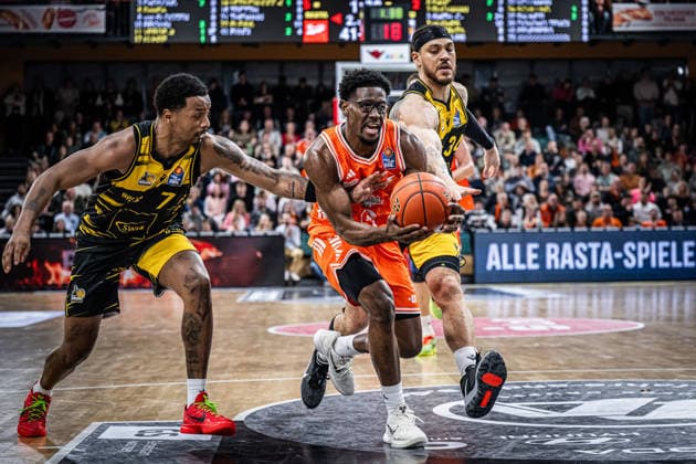 1 Basketball Bundesliga, easyCredit BBL, Season 2025 2026, Men, Main round, 24 Matchday, 14 03 2026, RASTA Vechta MHP Riesen Ludwigsburg TJ Bamba 5 RASTA Vechta in action Vechta RASTA Dome Lower Saxony Germany