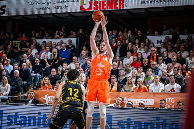 1 Basketball Bundesliga, easyCredit BBL, Season 2025 2026, Men, Main Round, 24 Matchday, 14 03 2026, RASTA Vechta MHP Riesen Ludwigsburg Philipp Herkenhoff 14 RASTA Vechta at Jumpshot Vechta RASTA Dome Lower Saxony Germany