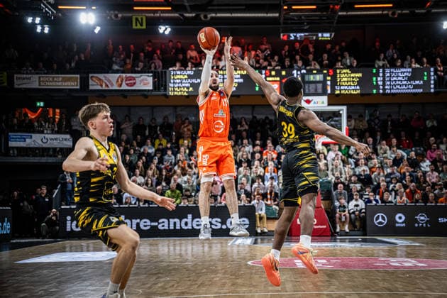 1 Basketball Bundesliga, easyCredit BBL, Season 2025 2026, Men, Main Round, 24 Matchday, 14 03 2026, RASTA Vechta MHP Riesen Ludwigsburg Tommy Kuhse 12 RASTA Vechta at Jumpshot Vechta RASTA Dome Lower Saxony Germany