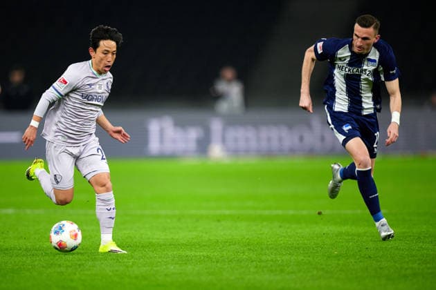Koji Miyoshi VfL Bochum 1848, 23 , Niklas Kolbe Hertha BSC, 27 , GER, Hertha BSC vs ,VfL Bochum 1848, 2 Bundesliga, Season 2025 2026, Matchday 26, 14 03 2026 DFL REGULATES PROHIBIT ANY USE OF PHOTOGRAPHS AS IMAGE SEQUENCES AND OR QUASI VIDEO GER, Hertha BSC vs ,VfL Bochum 1848, 2 Bundesliga, Season 2025 2026, 26 Matchday, 14 03 2026 Berlin Copyright: xClaudiusxRauch,xEibner-Pressefotox xClaudiusxRauchx EP_CRH