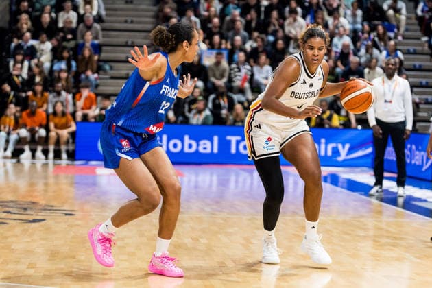 LYON-VILLEURBANNE, FRANCE - MARCH 14: Nyara Sabally (Germany, 8) controls the ball against Marieme Badiane (France, 22) during the FIBA Women™s World Cup Qualifying Tournament match between Germany (GER) vs. France (FRA) at Astroballe on matchday 3 of the FIBA Women™s World Cup Qualifying Tournament on March 14, 2026 in Lyon-Villeurbanne, France. France Copyright: xSteffiexWunderlx
