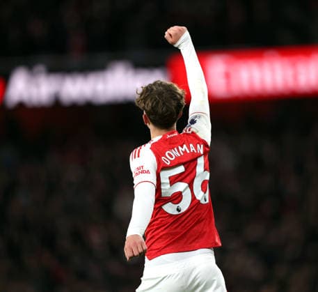 Max Robert Dowman (A) celebrates scoring the second Arsenal goal (2-0) at the Arsenal v Everton EPL match, at the Emirates Stadium, London, UK on 14th March, 2026. 