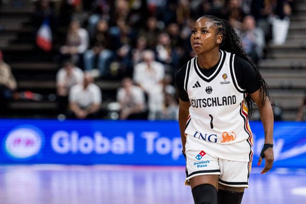 LYON-VILLEURBANNE, FRANCE - MARCH 14: Alexis Peterson (Germany, 1) during the FIBA Women™s World Cup Qualifying Tournament match between Germany (GER) vs. France (FRA) at Astroballe on matchday 3 of the FIBA Women™s World Cup Qualifying Tournament on March 14, 2026 in Lyon-Villeurbanne, France. France Copyright: xSteffiexWunderlx