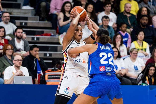 LYON-VILLEURBANNE, FRANCE - MARCH 14: Nyara Sabally (Germany, 8) controls the ball against Marieme Badiane (France, 22) during the FIBA Women™s World Cup Qualifying Tournament match between Germany (GER) vs. France (FRA) at Astroballe on matchday 3 of the FIBA Women™s World Cup Qualifying Tournament on March 14, 2026 in Lyon-Villeurbanne, France. France Copyright: xSteffiexWunderlx