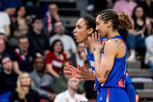 LYON-VILLEURBANNE, FRANCE - MARCH 14: Gabby Williams (France, 15) cannot believe a foul called on her during the FIBA Women™s World Cup Qualifying Tournament match between Germany (GER) vs. France (FRA) at Astroballe on matchday 3 of the FIBA Women™s World Cup Qualifying Tournament on March 14, 2026 in Lyon-Villeurbanne, France. France Copyright: xSteffiexWunderlx