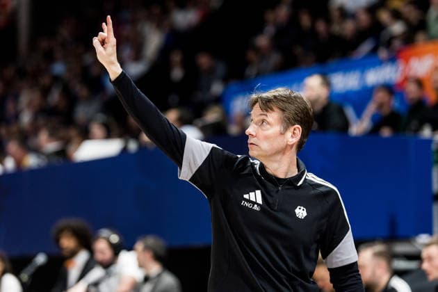 LYON-VILLEURBANNE, FRANCE - MARCH 14: Olaf Lange (Head Coach Germany) gestures during the FIBA Women™s World Cup Qualifying Tournament match between Germany (GER) vs. France (FRA) at Astroballe on matchday 3 of the FIBA Women™s World Cup Qualifying Tournament on March 14, 2026 in Lyon-Villeurbanne, France. France Copyright: xSteffiexWunderlx