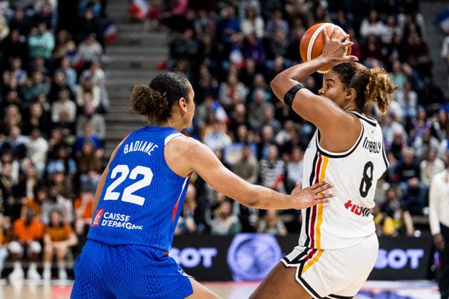 LYON-VILLEURBANNE, FRANCE - MARCH 14: Nyara Sabally (Germany, 8) controls the ball against Marieme Badiane (France, 22) during the FIBA Women™s World Cup Qualifying Tournament match between Germany (GER) vs. France (FRA) at Astroballe on matchday 3 of the FIBA Women™s World Cup Qualifying Tournament on March 14, 2026 in Lyon-Villeurbanne, France. France Copyright: xSteffiexWunderlx