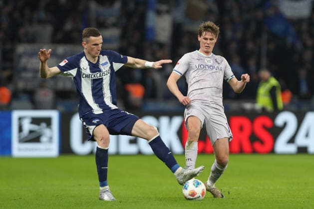 14 03 2026, xtgx, Soccer 2 Bundesliga Hertha BSC Berlin VfL Bochum emspor, Oliver Olsen Bochum, 13 , Niklas Kolbe Hertha, 27 duel, fight, tackle DFL DFB REGULATIONS PROHIBIT ANY USE OF PHOTOGRAPHS as IMAGE SEQUENCES and or QUASI VIDEO Berlin