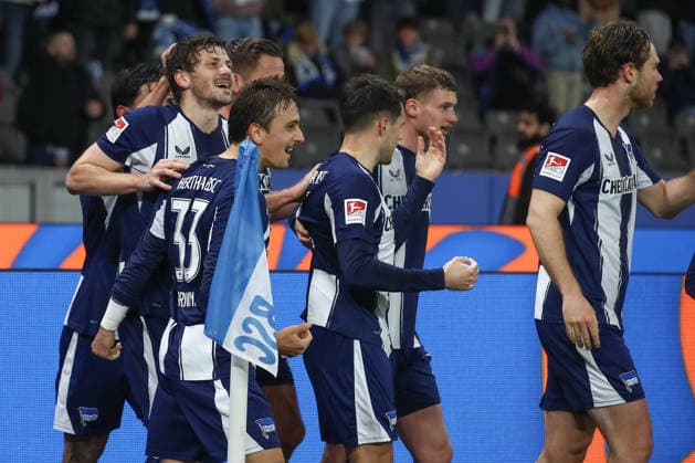 14 03 2026, xtgx, Soccer 2 Bundesliga Hertha BSC Berlin VfL Bochum emspor, v l jubilation after the 1 0 by Dawid Kownacki Hertha, 9 DFL DFB REGULATIONS PROHIBIT ANY USE OF PHOTOGRAPHS as IMAGE SEQUENCES and or QUASI VIDEO Berlin