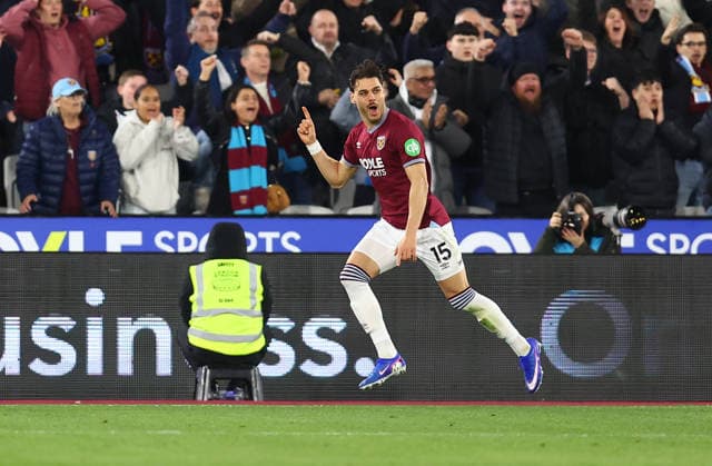 London, England, 14th March 2026. Konstantinos Mavropanos of West Ham United celebrates after scoring to make it 1-1 during the West Ham United vs Manchester City Premier League match at the London Stadium, London. Picture credit should read: Paul Terry Sportimage EDITORIAL USE ONLY. No use with unauthorised audio, video, data, fixture lists, club league logos or live services. Online in-match use limited to 120 images, no video emulation. No use in betting, games or single club league player publications. SPI_019_PT_West_Ham_Man_City SPI-4602-0020