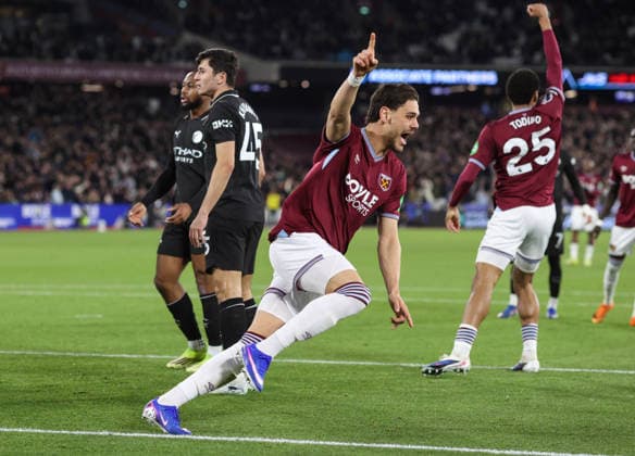 West Ham gegen Man City 14. März 2026, London Premier League Fußball West Ham United gegen Manchester City Konstantinos Mavropanos von West Ham United feiert seinen ersten Treffer zum 1  Copyright: xCharlottexWilsonx xOffsidexOffside