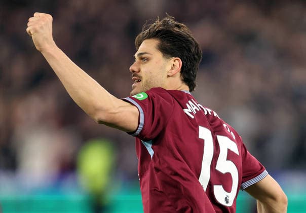 West Ham gegen Man City 14. März 2026, London Premier League Fußball West Ham United gegen Manchester City Konstantinos Mavropanos von West Ham United feiert seinen ersten Treffer zum 1  Copyright: xCharlottexWilsonx xOffsidexOffside