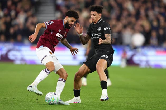 London, England, 14th March 2026. Pablo of West Ham United and Nico O™Reilly of Manchester City challenge for the ball during the West Ham United vs Manchester City Premier League match at the London Stadium, London. Picture credit should read: Paul Terry Sportimage EDITORIAL USE ONLY. No use with unauthorised audio, video, data, fixture lists, club league logos or live services. Online in-match use limited to 120 images, no video emulation. No use in betting, games or single club league player publications. SPI_028_PT_West_Ham_Man_City SPI-4602-0029