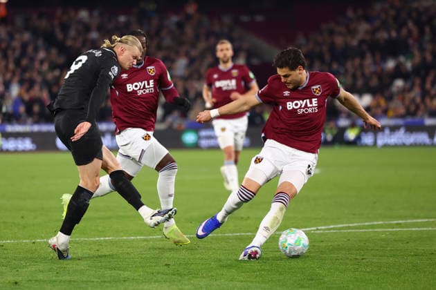 London, England, 14th March 2026. Erling Haaland of Manchester City shoots at goal but fails to score during the West Ham United vs Manchester City Premier League match at the London Stadium, London. Picture credit should read: Paul Terry Sportimage EDITORIAL USE ONLY. No use with unauthorised audio, video, data, fixture lists, club league logos or live services. Online in-match use limited to 120 images, no video emulation. No use in betting, games or single club league player publications. SPI_034_PT_West_Ham_Man_City SPI-4602-0035