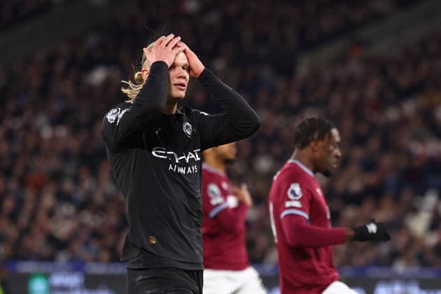 London, England, 14th March 2026. Erling Haaland of Manchester City reacts after shoots at goal but fails to score during the West Ham United vs Manchester City Premier League match at the London Stadium, London. Picture credit should read: Paul Terry Sportimage EDITORIAL USE ONLY. No use with unauthorised audio, video, data, fixture lists, club league logos or live services. Online in-match use limited to 120 images, no video emulation. No use in betting, games or single club league player publications. SPI_037_PT_West_Ham_Man_City SPI-4602-0038