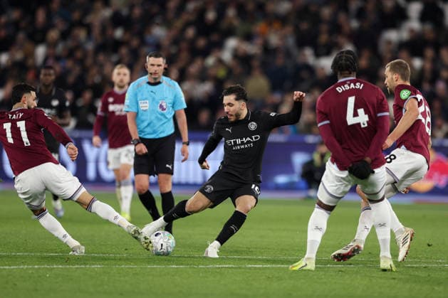14th March 2026; London Stadium, London, England; Premier League Football, West Ham United versus Manchester City; Rayan Cherki of Manchester City takes a shot on goal  HenningxvonxJagow Content restricted for UK based newspaper
