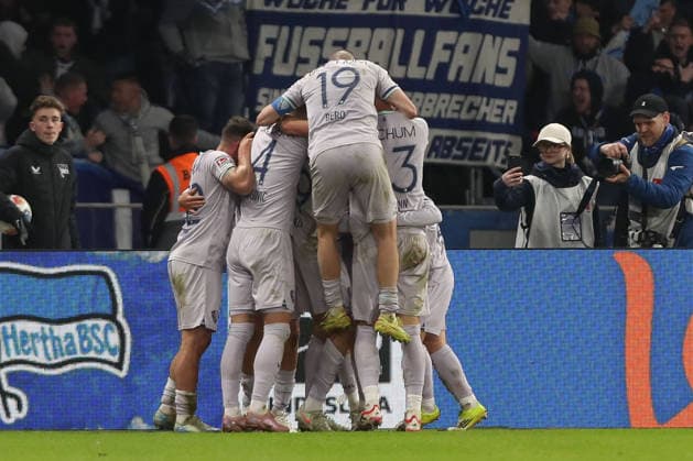 14 03 2026, xtgx, Soccer 2 Bundesliga Hertha BSC Berlin VfL Bochum emspor, v l jubilation after the 1 1 by Leandro Morgalla Bochum, 39 DFL DFB REGULATIONS PROHIBIT ANY USE OF PHOTOGRAPHS as IMAGE SEQUENCES and or QUASI VIDEO Berlin
