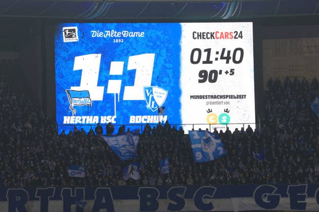 DEU, DFL, 2 FBL, Hertha BSC vs VfL Bochum, 14 03 2026, Berliner Olympiastadion, Berlin, DEU, DFL, 2 FBL, Hertha BSC vs VfL Bochum, in the picture scoreboard with the final result, 1 1 DFL regulations prohibit any use of Photographs as image sequences and or quasi video nordphotoxGmbHx xEngler nph00076