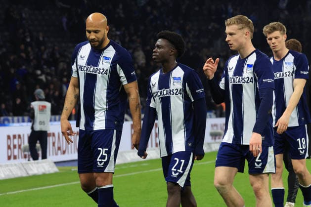 DEU, DFL, 2 FBL, Hertha BSC vs VfL Bochum, 14 03 2026, Berliner Olympiastadion, Berlin, DEU, DFL, 2 FBL, Hertha BSC vs VfL Bochum, in the picture Hertha player circle, John Anthony Brooks Hertha BSC Berlin 25 , Boris Lum Hertha BSC Berlin Julian Eitschberger Hertha BSC Berlin 2 , Luca Schuler Hertha BSC Berlin 18 Kevin Sessa Hertha BSC Berlin 8 DFL regulations prohibit any use of Photographs as image sequences and or quasi video nordphotoxGmbHx xEngler nph00076