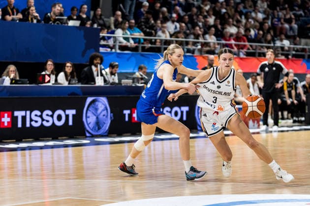LYON-VILLEURBANNE, FRANCE - MARCH 14: Alexandra Wilke (Germany, 3) controls the ball against Marine Johannes (France, 23) during the FIBA Women™s World Cup Qualifying Tournament match between Germany (GER) vs. France (FRA) at Astroballe on matchday 3 of the FIBA Women™s World Cup Qualifying Tournament on March 14, 2026 in Lyon-Villeurbanne, France. France Copyright: xSteffiexWunderlx