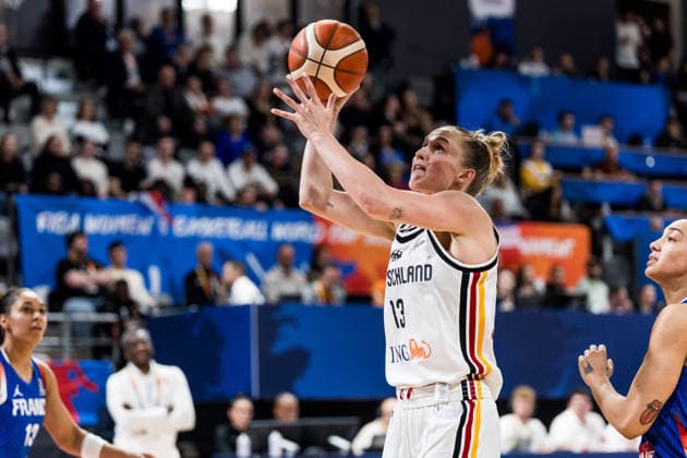 LYON-VILLEURBANNE, FRANCE - MARCH 14: Leonie Fiebich (Germany, 13) shoots the ball during the FIBA Women™s World Cup Qualifying Tournament match between Germany (GER) vs. France (FRA) at Astroballe on matchday 3 of the FIBA Women™s World Cup Qualifying Tournament on March 14, 2026 in Lyon-Villeurbanne, France. France Copyright: xSteffiexWunderlx