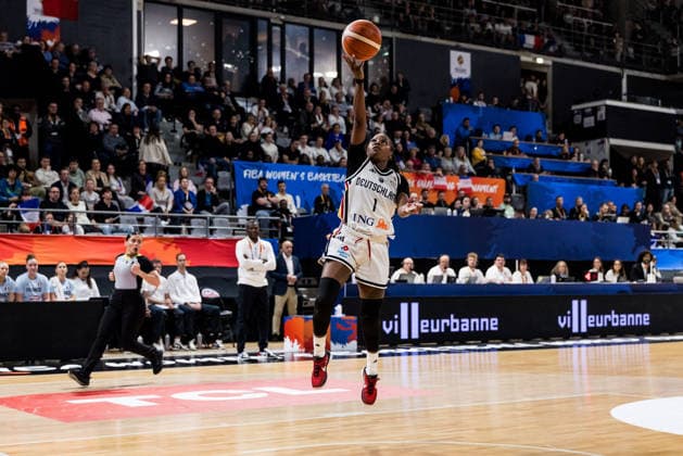 LYON-VILLEURBANNE, FRANCE - MARCH 14: Alexis Peterson (Germany, 1) shoots the ball during the FIBA Women™s World Cup Qualifying Tournament match between Germany (GER) vs. France (FRA) at Astroballe on matchday 3 of the FIBA Women™s World Cup Qualifying Tournament on March 14, 2026 in Lyon-Villeurbanne, France. France Copyright: xSteffiexWunderlx