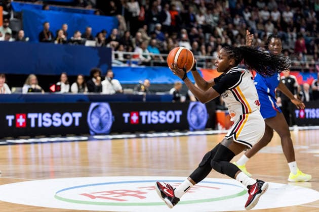 LYON-VILLEURBANNE, FRANCE - MARCH 14: Alexis Peterson (Germany, 1) controls the ball during the FIBA Women™s World Cup Qualifying Tournament match between Germany (GER) vs. France (FRA) at Astroballe on matchday 3 of the FIBA Women™s World Cup Qualifying Tournament on March 14, 2026 in Lyon-Villeurbanne, France. France Copyright: xSteffiexWunderlx