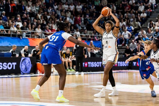 LYON-VILLEURBANNE, FRANCE - MARCH 14: Nyara Sabally (Germany, 8) controls the ball against Aminata Gueye (France, 31) during the FIBA Women™s World Cup Qualifying Tournament match between Germany (GER) vs. France (FRA) at Astroballe on matchday 3 of the FIBA Women™s World Cup Qualifying Tournament on March 14, 2026 in Lyon-Villeurbanne, France. France Copyright: xSteffiexWunderlx