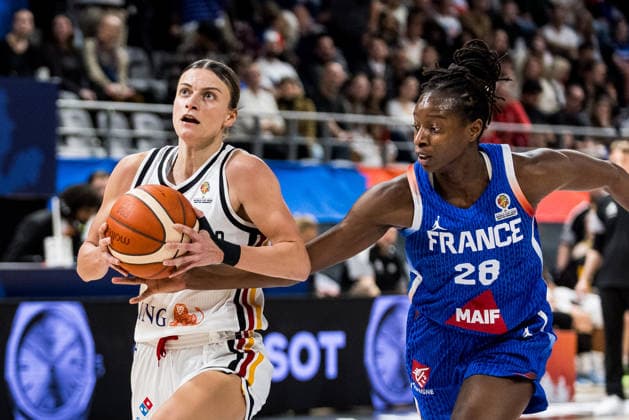 LYON-VILLEURBANNE, FRANCE - MARCH 14: Alexandra Wilke (Germany, 3) controls the ball against Migna Toure (France, 28) during the FIBA Women™s World Cup Qualifying Tournament match between Germany (GER) vs. France (FRA) at Astroballe on matchday 3 of the FIBA Women™s World Cup Qualifying Tournament on March 14, 2026 in Lyon-Villeurbanne, France. France Copyright: xSteffiexWunderlx