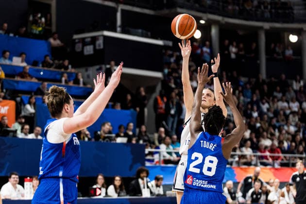 LYON-VILLEURBANNE, FRANCE - MARCH 14: Alexandra Wilke (Germany, 3) shoots the ball over Alexia Chery (France, 6) and Migna Toure (France, 28) during the FIBA Women™s World Cup Qualifying Tournament match between Germany (GER) vs. France (FRA) at Astroballe on matchday 3 of the FIBA Women™s World Cup Qualifying Tournament on March 14, 2026 in Lyon-Villeurbanne, France. France Copyright: xSteffiexWunderlx