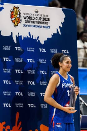 LYON-VILLEURBANNE, FRANCE - MARCH 14: Janelle Salaun (France, 13) is being awarded the TCL player of the match trophy during the FIBA Women™s World Cup Qualifying Tournament match between Germany (GER) vs. France (FRA) at Astroballe on matchday 3 of the FIBA Women™s World Cup Qualifying Tournament on March 14, 2026 in Lyon-Villeurbanne, France. France Copyright: xSteffiexWunderlx