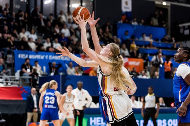 LYON-VILLEURBANNE, FRANCE - MARCH 14: Frieda Buehner (Bühner, Buhner Germany, 20) shoots the ball against Alexia Chery (France, 6) defending during the FIBA Women™s World Cup Qualifying Tournament match between Germany (GER) vs. France (FRA) at Astroballe on matchday 3 of the FIBA Women™s World Cup Qualifying Tournament on March 14, 2026 in Lyon-Villeurbanne, France. France Copyright: xSteffiexWunderlx