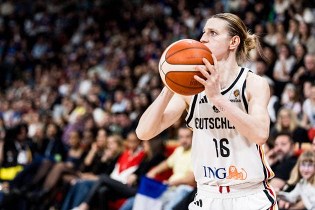 LYON-VILLEURBANNE, FRANCE - MARCH 14: Alina Hartmann (Germany, 16) controls the ball during the FIBA Women™s World Cup Qualifying Tournament match between Germany (GER) vs. France (FRA) at Astroballe on matchday 3 of the FIBA Women™s World Cup Qualifying Tournament on March 14, 2026 in Lyon-Villeurbanne, France. France Copyright: xSteffiexWunderlx
