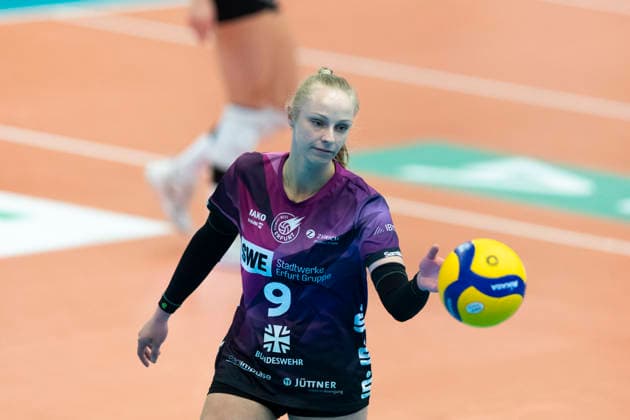 1 Volleyball Bundesliga Women USC Münster vs Schwarz Weiss Erfurt Münster 14 03 2026 Antonia Greskamp 9 Schwarz Weiss Erfurt 1 Volleyball Bundesliga Women USC Münster vs Schwarz Weiss Erfurt Sporthalle Berg Fidel 14 03 2026 Copyright: xBEAUTIFULxSPORTS Duehringx