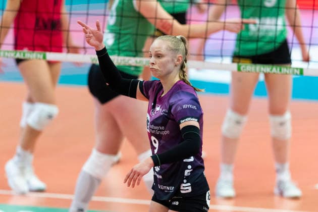 1 Volleyball Bundesliga Women USC Münster vs Schwarz Weiss Erfurt Münster 14 03 2026 Antonia Greskamp 9 Schwarz Weiss Erfurt 1 Volleyball Bundesliga Women USC Münster vs Schwarz Weiss Erfurt Sporthalle Berg Fidel 14 03 2026 Copyright: xBEAUTIFULxSPORTS Duehringx