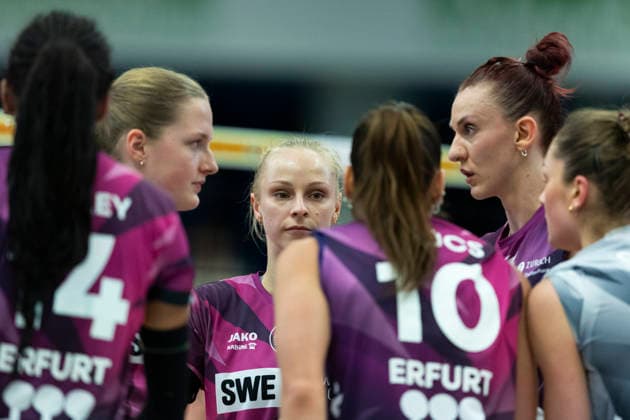 1 Volleyball Bundesliga Women USC Münster vs Schwarz Weiss Erfurt Münster 14 03 2026 from back left, Rosalie Tetzel 8 Schwarz Weiss Erfurt , Antonia Greskamp 9 Schwarz Weiss Erfurt and Isabel KovaÄiÄ‡ 11 Schwarz Weiss Erfurt , from front left , Alianza Darley 14 Schwarz Weiss Erfurt , Kinga Szücs 10 Schwarz Weiss Erfurt and Lotte Goertz 4 Schwarz Weiss Erfurt 1 Volleyball Bundesliga Women USC Münster vs Schwarz Weiss Erfurt Sporthalle Berg Fidel 14 03 2026 Copyright: xBEAUTIFULxSPORTS Duehringx