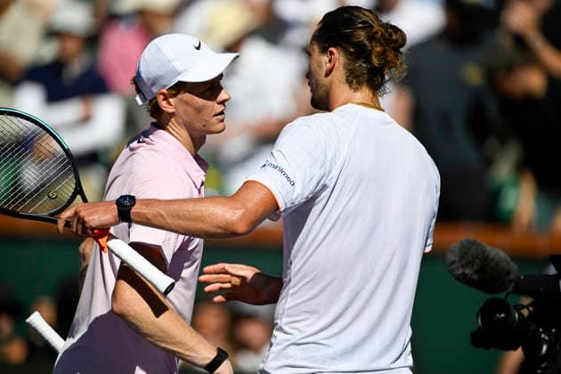 March 14, 2026 Alexander Zverev (GER) congratulates Jannik Sinner (ITA) after their semifinal match at the BNP Paribas Open held at the Indian Wells Tennis Garden in Indian Wells, California. Mandatory Photo Credit : CSM Indian Wells United States of America - ZUMAc04_ 20260314_zma_c04_017 Copyright: xCharlesxBausx