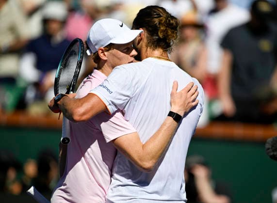 March 14, 2026 Alexander Zverev (GER) congratulates Jannik Sinner (ITA) after their semifinal match at the BNP Paribas Open held at the Indian Wells Tennis Garden in Indian Wells, California. Mandatory Photo Credit : CSM Indian Wells United States of America - ZUMAc04_ 20260314_zma_c04_018 Copyright: xCharlesxBausx