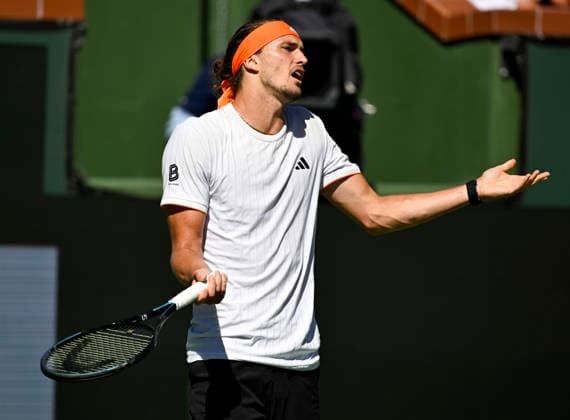 March 14, 2026 Alexander Zverev (GER) reacts to missing shot against Jannik Sinner (ITA) during their semifinal match at the BNP Paribas Open held at the Indian Wells Tennis Garden in Indian Wells, California. Mandatory Photo Credit : CSM Indian Wells United States of America - ZUMAc04_ 20260314_zma_c04_042 Copyright: xCharlesxBausx