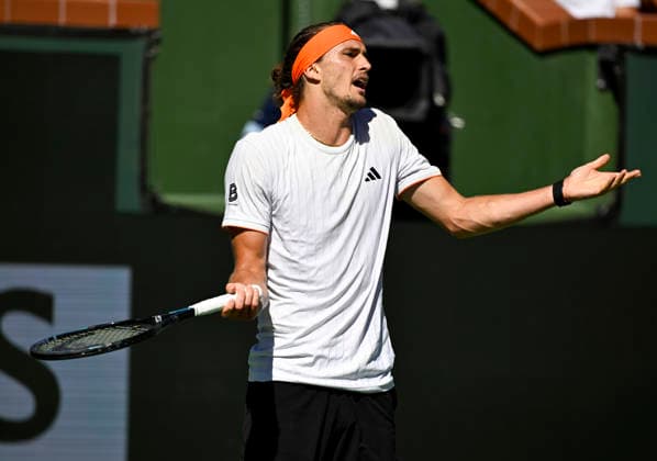 March 14, 2026 Alexander Zverev (GER) reacts to missing shot against Jannik Sinner (ITA) during their semifinal match at the BNP Paribas Open held at the Indian Wells Tennis Garden in Indian Wells, California. Mandatory Photo Credit : CSM Indian Wells United States of America - ZUMAc04_ 20260314_zma_c04_044 Copyright: xCharlesxBausx