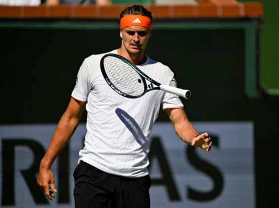 March 14, 2026 Alexander Zverev (GER) reacts to missing shot against Jannik Sinner (ITA) during their semifinal match at the BNP Paribas Open held at the Indian Wells Tennis Garden in Indian Wells, California. Mandatory Photo Credit : CSM Indian Wells United States of America - ZUMAc04_ 20260314_zma_c04_054 Copyright: xCharlesxBausx