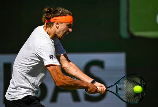 March 14, 2026 Alexander Zverev (GER) returns a shot against Jannik Sinner (ITA) during their semifinal match at the BNP Paribas Open held at the Indian Wells Tennis Garden in Indian Wells, California. Mandatory Photo Credit : CSM Indian Wells United States of America - ZUMAc04_ 20260314_zma_c04_059 Copyright: xCharlesxBausx