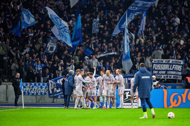 VfL Bochum 1848 celebrates 1 1 equalizer by Leandro Morgalla VfL Bochum 1848, 39 , GER, Hertha BSC vs ,VfL Bochum 1848, 2 Bundesliga, Season 2025 2026, Matchday 26, 14 03 2026 DFL REGULATES PROHIBIT ANY USE OF PHOTOGRAPHS AS IMAGE SEQUENCES AND OR QUASI VIDEO GER, Hertha BSC vs ,VfL Bochum 1848, 2 Bundesliga, Season 2025 2026, Matchday 26, 14 03 2026 Berlin Copyright: xClaudiusxRauch,xEibner-Pressefotox xClaudiusxRauchx EP_CRH