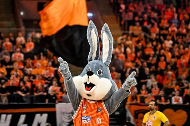 GER, BBL, ratiopharm Ulm vs Science City Jena 14 03 2026, ratiopharm arena, Neu Ulm, GER, BBL, ratiopharm Ulm vs Science City Jena, in the picture the Ulm mascot Spass nordphotoxGmbHx xHafner nph00200