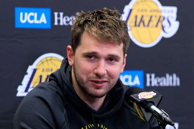 March 14, 2026, Los Angeles, California, USA: Luka Doncic 77 of the Los Angeles Lakers during a press conference, PK, Pressekonferenz after their regular season NBA, Basketball Herren, USA game against the Denver Nuggets on Saturday March 14, 2026 at Crypto.com Arena in Los Angeles, California. Lakers defeat Nuggets, 127-125. ARIANA RUIZ PI Los Angeles USA - ZUMAp124 20260314_zaa_p124_053 Copyright: xArianaxRuizx