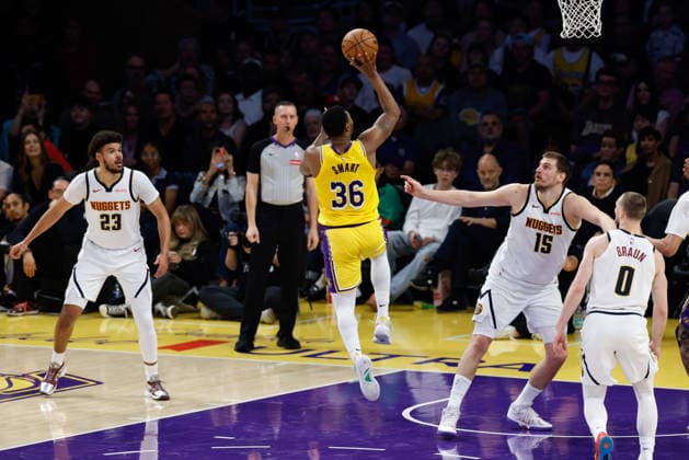 LOS ANGELES, CA - MARCH 14: Los Angeles Lakers guard Marcus Smart (36) shoots a floater during the Denver Nuggets vs Los Angeles Lakers game on March 14, 2026, at Crypto.com Arena in Los Angeles, CA. (Photo by Jevone Moore Icon Sportswire) NBA, Basketball Herren, USA MAR 14 Denver Nuggets at Los Angeles Lakers EDITORIAL USE ONLY Icon20260314096