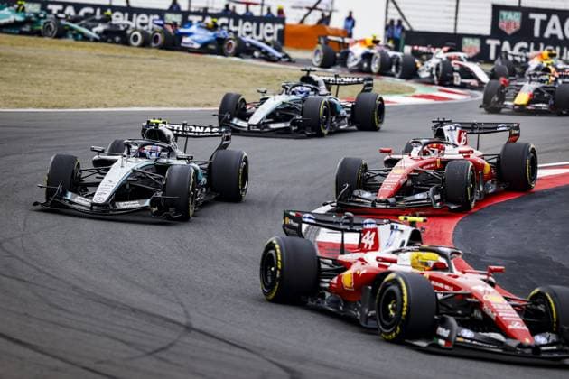 SHANGHAI - Lewis Hamilton (Scuderia Ferrari HP), Andrea Kimi Antonelli (Mercedes-AMG PETRONAS Formula One Team), Charles Leclerc (Scuderia Ferrari HP) and George Russell (Mercedes-AMG PETRONAS Formula One Team) in action during the race at the Shanghai International Circuit in the run-up to the Chinese Grand Prix. SANDER KONING ANP xVIxANPxSportx xxANPxIVx 553377294 originalFilename: 553377294.jpg