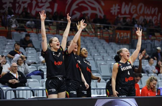 Belgian Cats players celebrate during a basket game between Belgium s national team, Nationalteam Belgian Cats and South Sudan, in Wuhan, China, on Sunday 15 March 2026, the fourth game (out of 5) of the qualifications phase for the World Cup Basket tournament. NIKOLAxKRSTIC  x167535067x