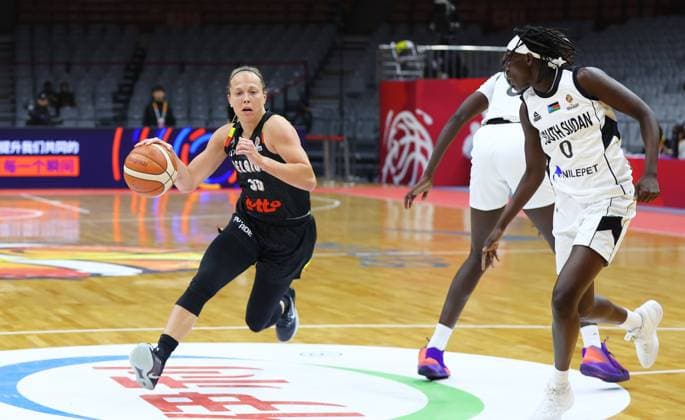 Belgium s Julie Allemand fights for the ball during a basket game between Belgium s national team, Nationalteam Belgian Cats and South Sudan, in Wuhan, China, on Sunday 15 March 2026, the fourth game (out of 5) of the qualifications phase for the World Cup Basket tournament. NIKOLAxKRSTIC  x167535207x